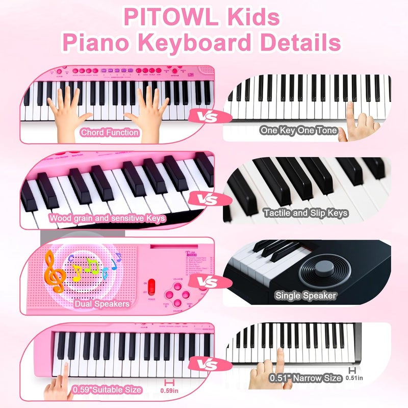 Pitowl Kids Keyboard Piano, 61 Light-up Key Electric Piano Musical Learning Toy for Beginners with Microphone, Music Stand, Notekey Sticker, Birthday Xmas Gift for 3-10 Years Old, Pink - Image 4